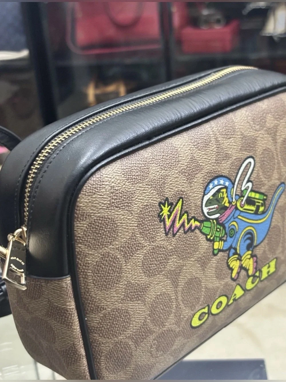 Coach Signature Jamie Camera Bag With A Playful  Rexy Dinosaur Print Crossbody.